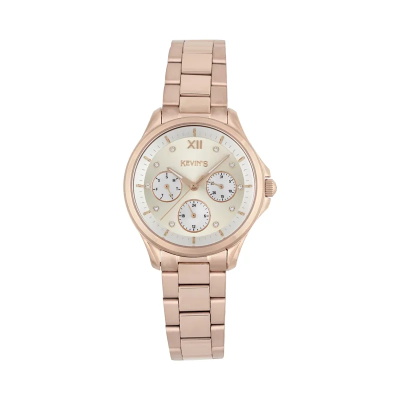Reloj Kevins analogo, para Dama, tablero redondo colores rosa y blanco, estilo puntos + romano, pulso acero color rosa, calendario