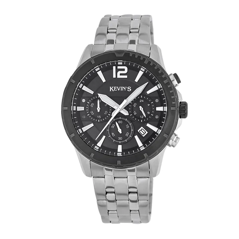 Reloj Kevins analogo, para Hombre, tablero redondo colores negro y plateado, estilo index + arabigo, pulso acero color plateado, calendario, cronografo