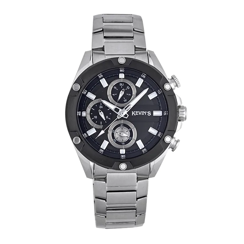 Reloj Kevins analogo, para Hombre, tablero redondo colores negro y blanco, estilo index, pulso acero color plateado, calendario