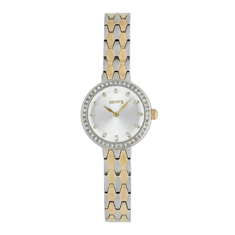 Reloj Kevins analogo, para Dama, tablero redondo colores plateado y dorado, estilo puntos, pulso acero colores plateado y dorado
