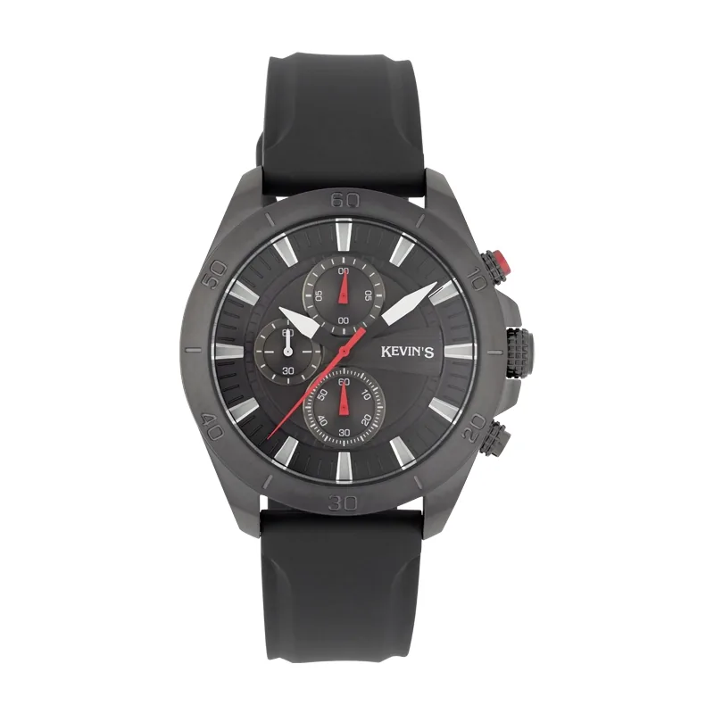 Reloj Kevins analogo, para Hombre, tablero redondo colores negro y rojo, estilo index, pulso silicona color negro, cronografo