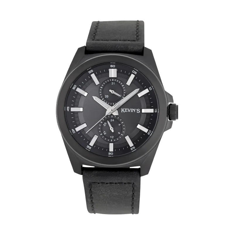 Reloj Kevins analogo, para Hombre, tablero redondo colores negro y plateado, estilo index, pulso cuero color negro