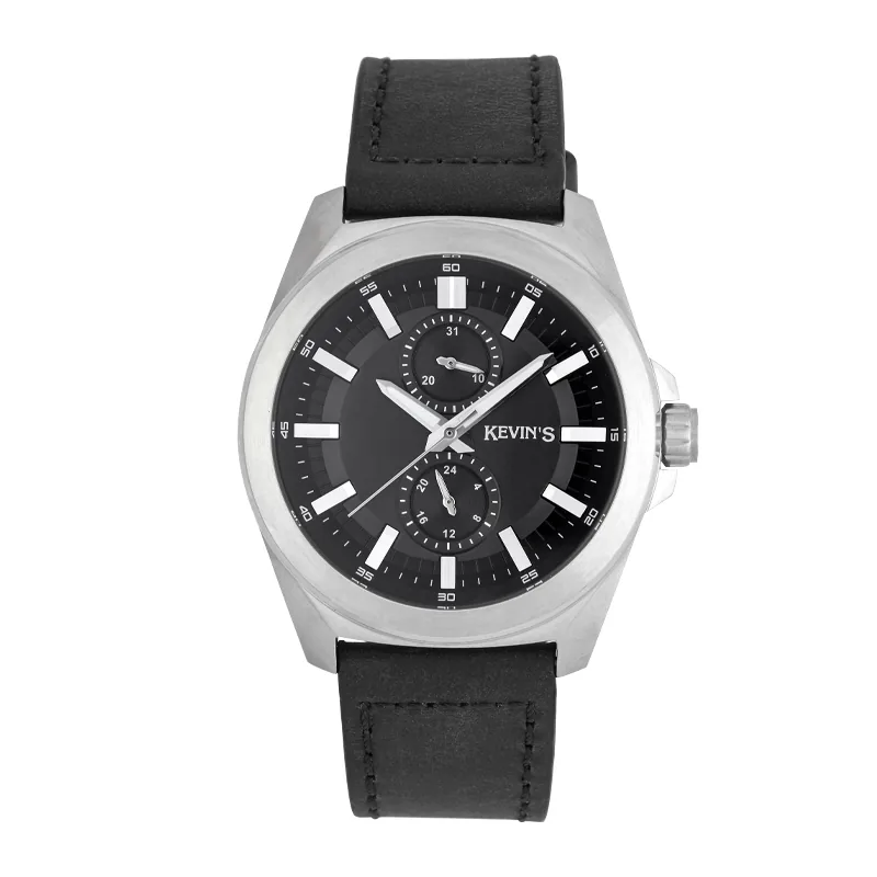 Reloj Kevins analogo, para Hombre, tablero redondo colores negro y plateado, estilo index, pulso cuero color negro