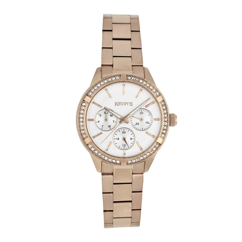 Reloj Kevins analogo, para Dama, tablero redondo colores blanco y rosa, estilo index, pulso acero color rosa
