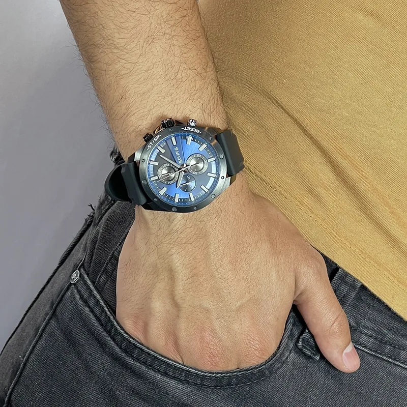 Reloj Kevins analogo, para Hombre, tablero redondo colores azul, plateado, negro y gris, estilo index, pulso acero color negro, cronografo