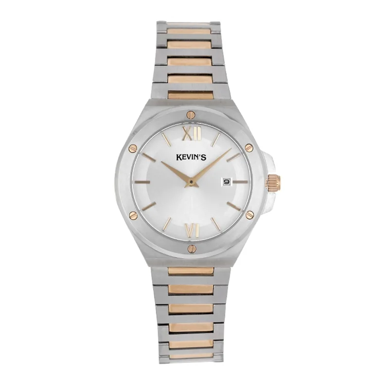 Reloj Kevins analogo, para Dama, tablero redondo colores blanco y rosa, estilo index + romano, pulso acero colores plateado y rosa, calendario