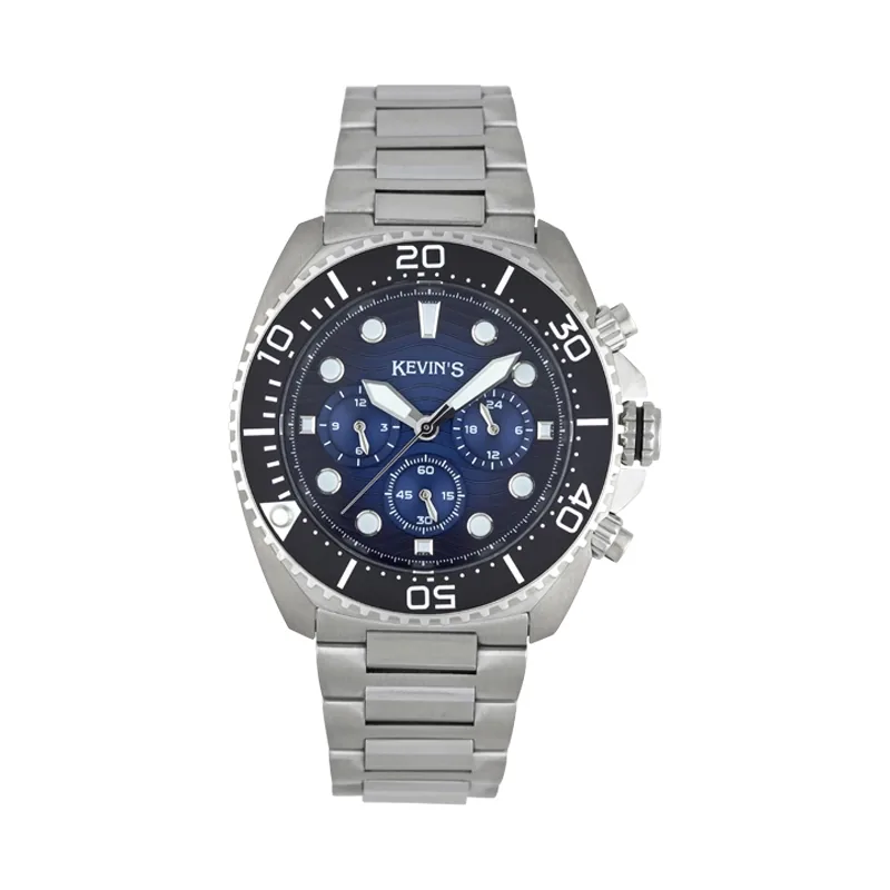 Reloj Kevins analogo, para Hombre, tablero redondo colores negro y azul, estilo index + puntos, pulso acero color plateado