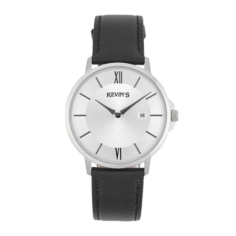 Reloj Kevins analogo, para Hombre, tablero redondo color plateado, estilo index + romano, pulso cuero color negro, calendario