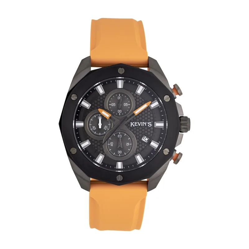 Reloj Kevins analogo, para Hombre, tablero redondo colores negro y naranja, estilo index, pulso silicona color naranja, calendario, cronografo