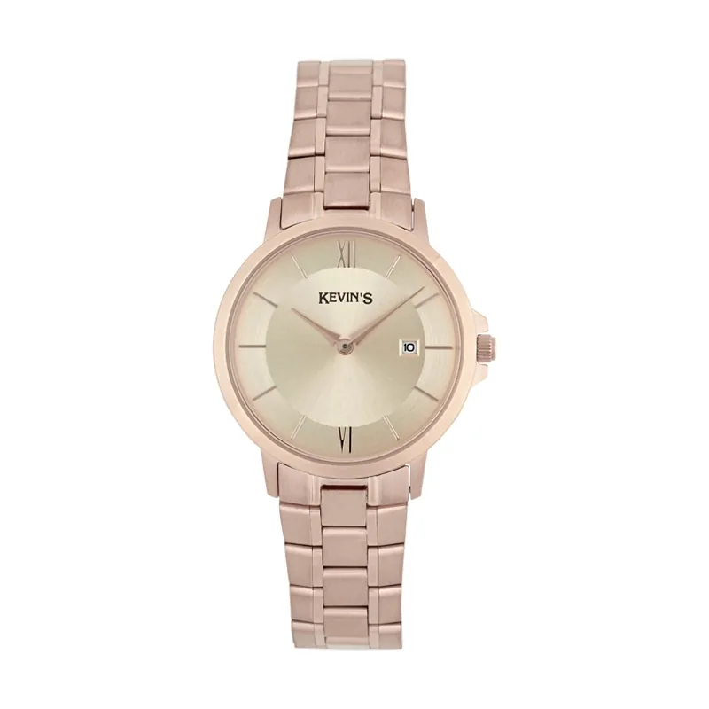 Reloj Kevins analogo, para Dama, tablero redondo colores blanco y rosa, estilo index + romano, pulso acero colores plateado y rosa, calendario