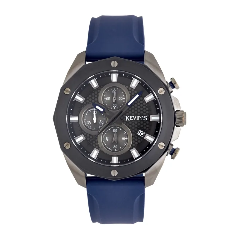 Reloj Kevins analogo, para Hombre, tablero redondo colores negro y azul, estilo index, pulso silicona color azul, calendario, cronografo