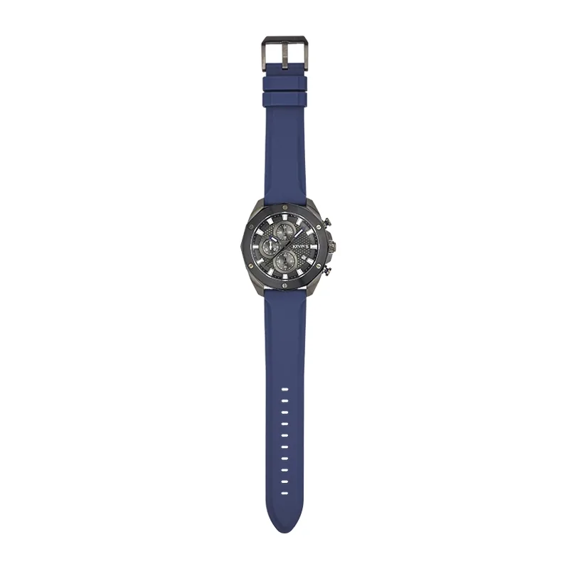 Reloj Kevins analogo, para Hombre, tablero redondo colores negro y azul, estilo index, pulso silicona color azul, calendario, cronografo