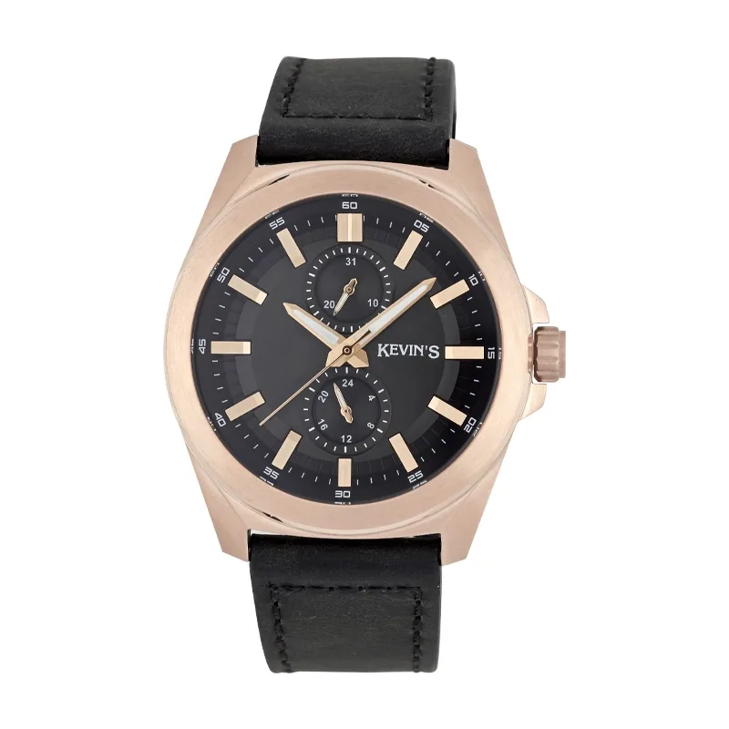 Reloj Kevins analogo, para Hombre, tablero redondo colores negro y rosa, estilo index, pulso cuero color negro
