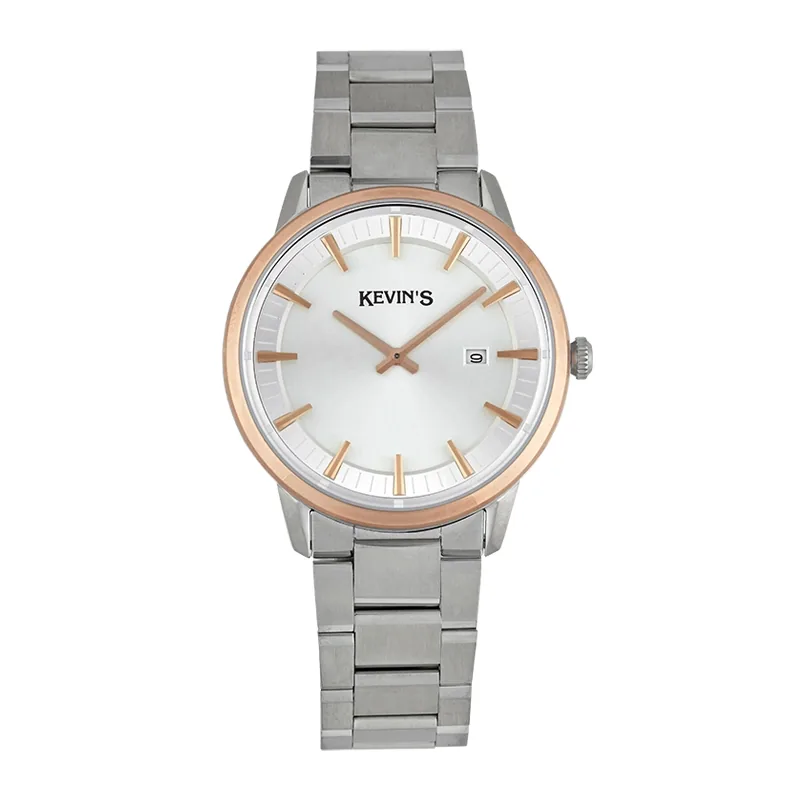 Reloj Kevins analogo, para Hombre, tablero redondo colores plateado y rosa, estilo index, pulso acero color plateado, calendario