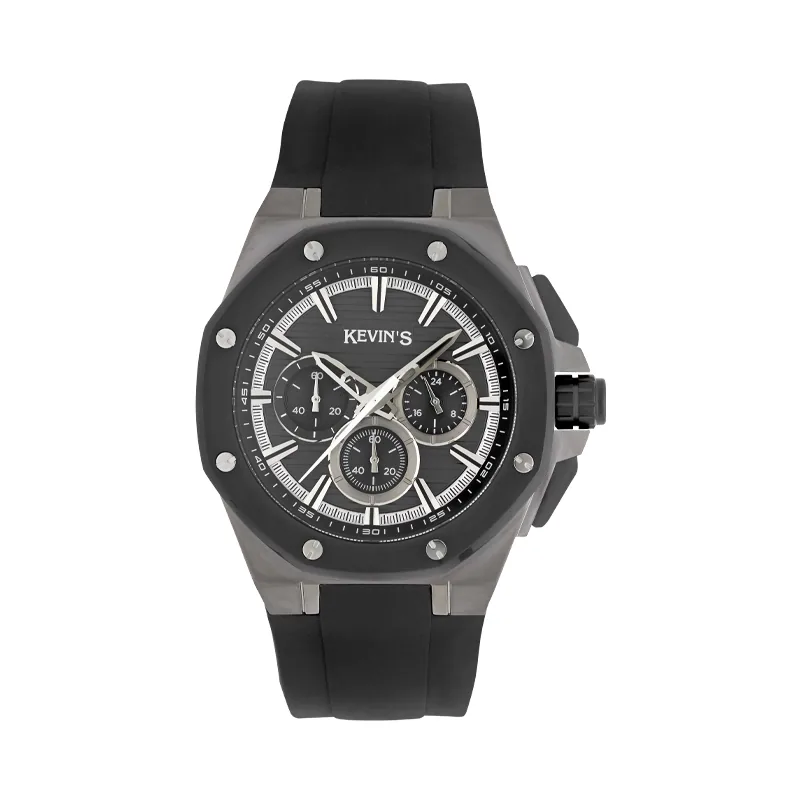Reloj Kevins analogo, para Hombre, tablero redondo colores negro y plateado, estilo index, pulso silicona color negro, cronografo