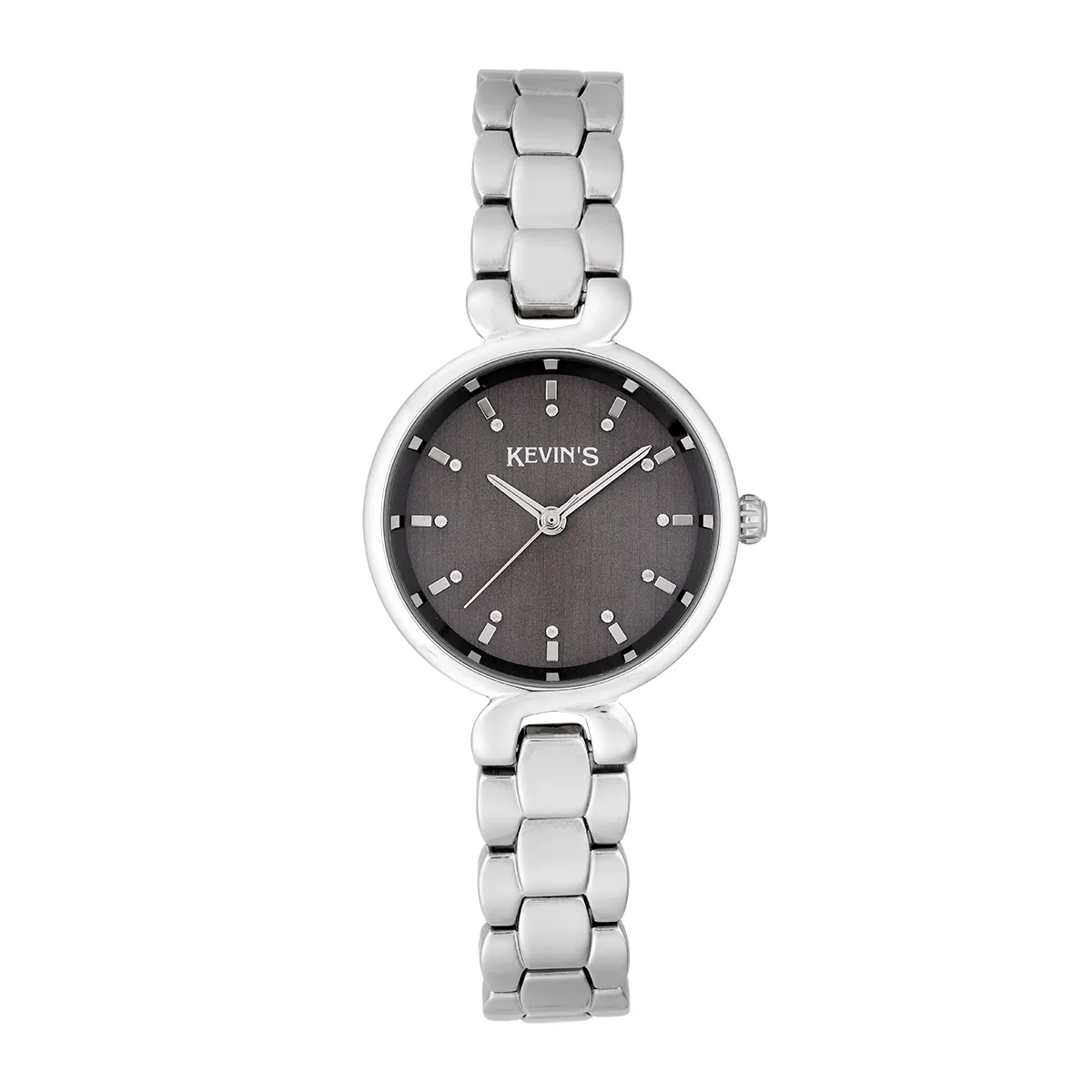 Reloj Kevins analogo, para Dama, tablero redondo color gris, estilo index, pulso acero color plateado