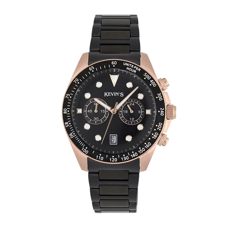 Reloj Kevins analogo, para Hombre, tablero redondo colores negro y blanco, estilo puntos, pulso acero color negro, calendario, cronografo