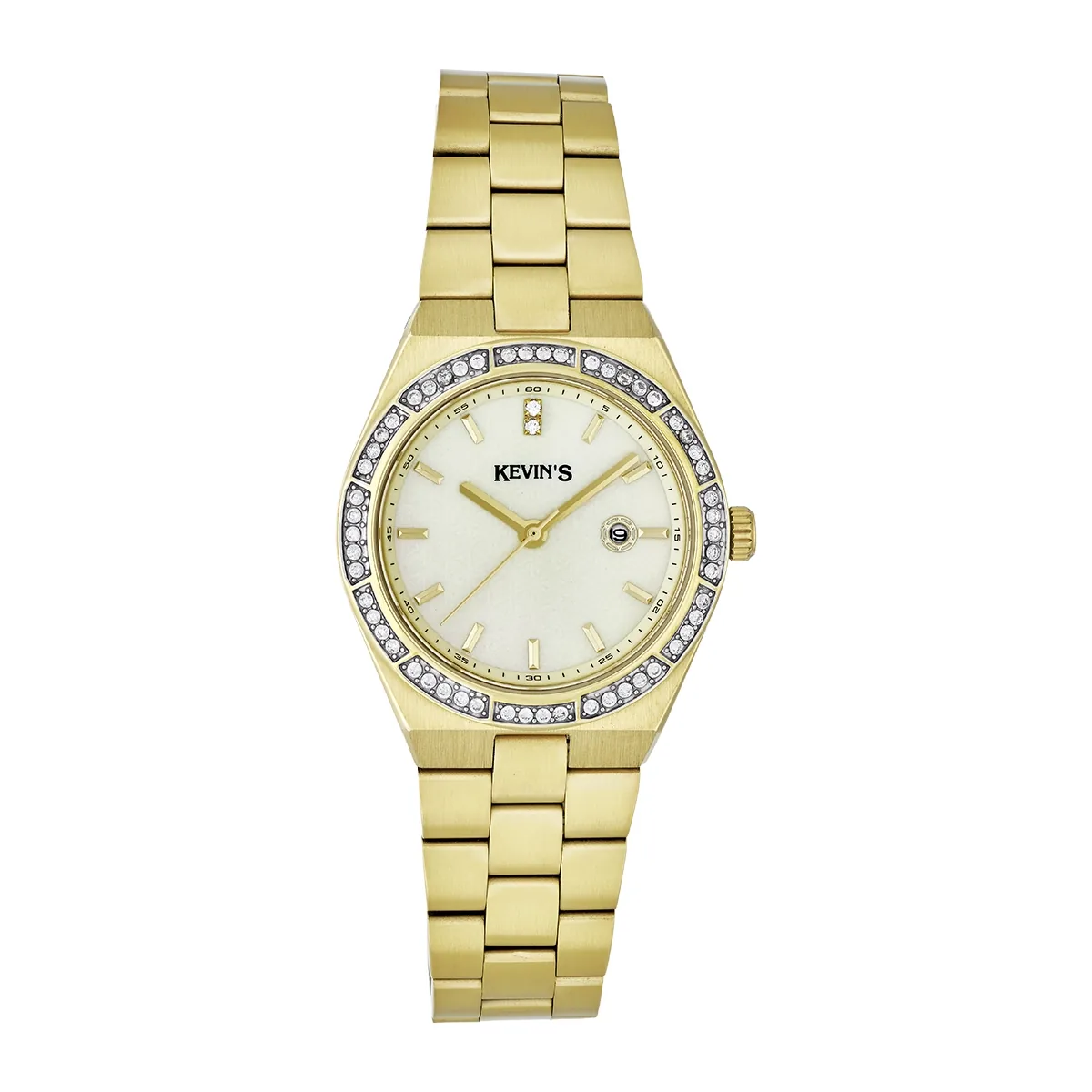 Reloj Kevins analogo, para Dama, tablero redondo color dorado, estilo index, pulso acero color dorado, calendario