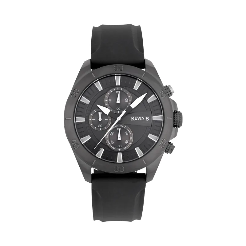 Reloj Kevins analogo, para Hombre, tablero redondo colores negro y plateado, estilo index, pulso silicona color negro, cronografo