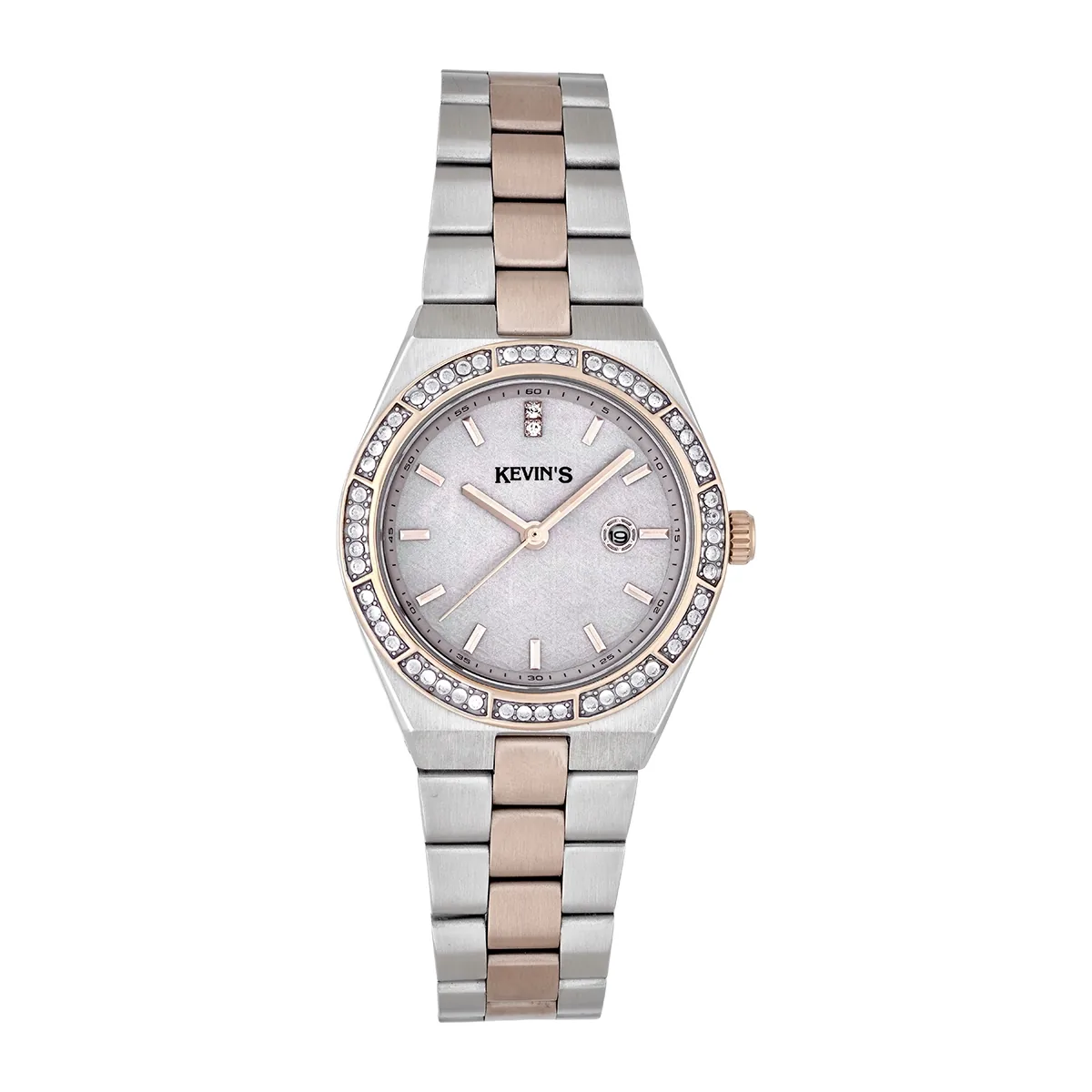 Reloj Kevins analogo, para Dama, tablero redondo color rosa, estilo index, pulso acero colores plateado y rosa, calendario
