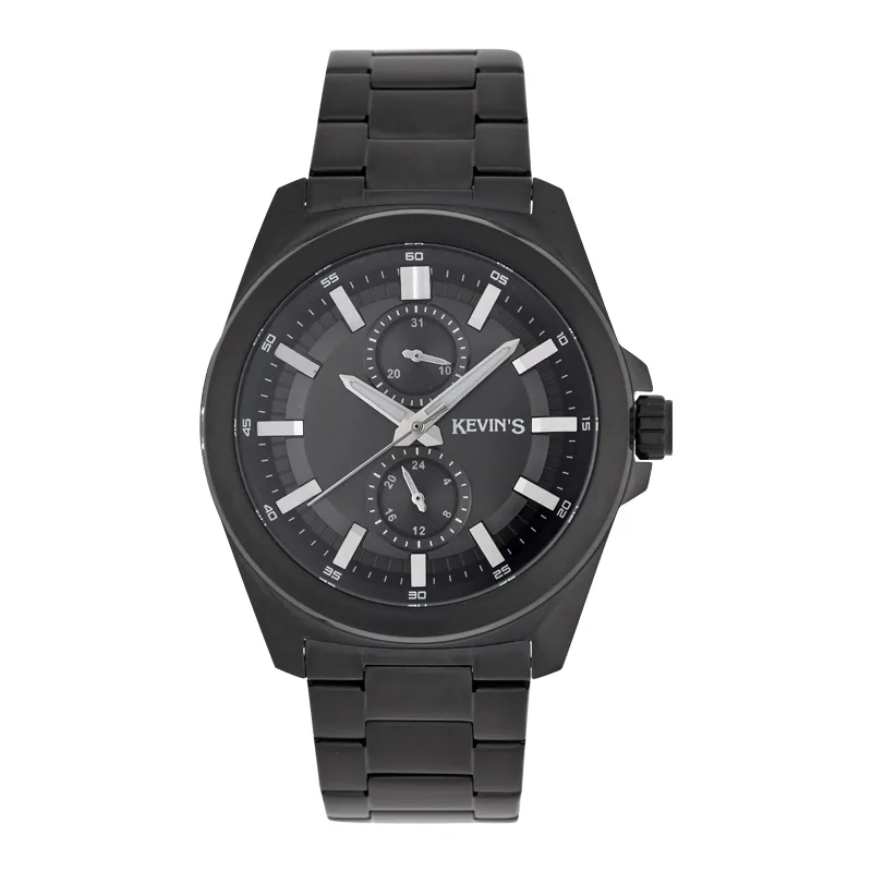 Reloj Kevins analogo, para Hombre, tablero redondo colores negro y plateado, estilo index, pulso acero color negro