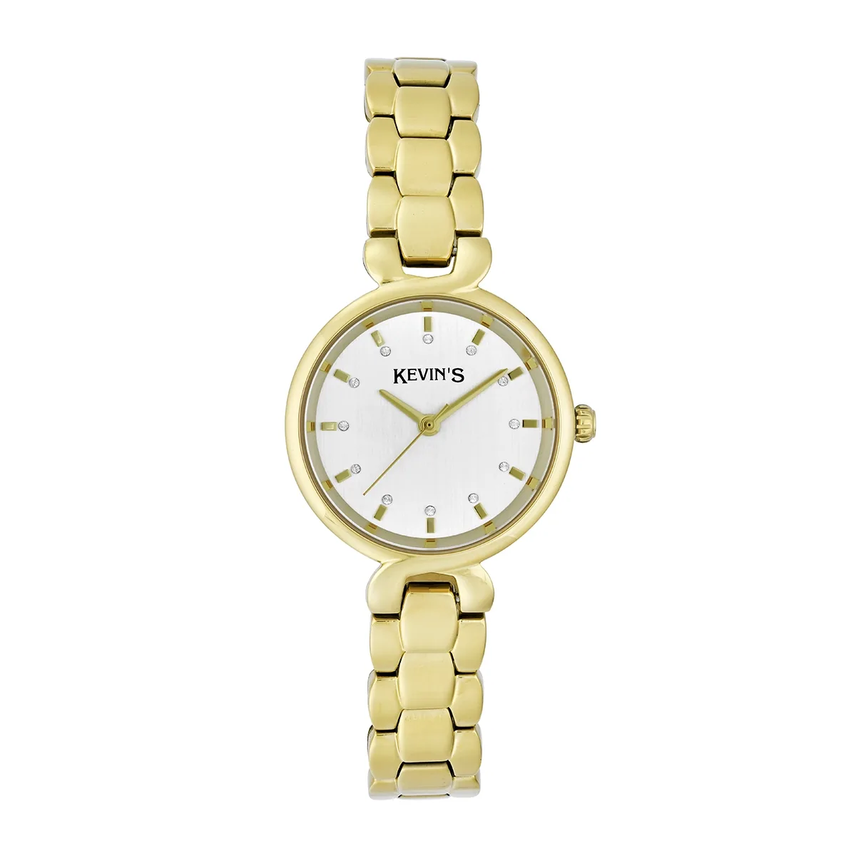 Reloj Kevins analogo, para Dama, tablero redondo colores plateado y dorado, estilo index, pulso acero color dorado