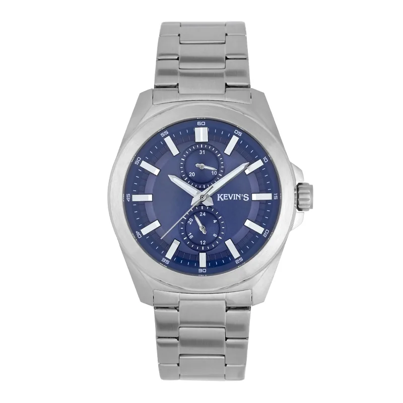 Reloj Kevins analogo, para Hombre, tablero redondo colores negro, plateado y azul, estilo index, pulso acero color negro
