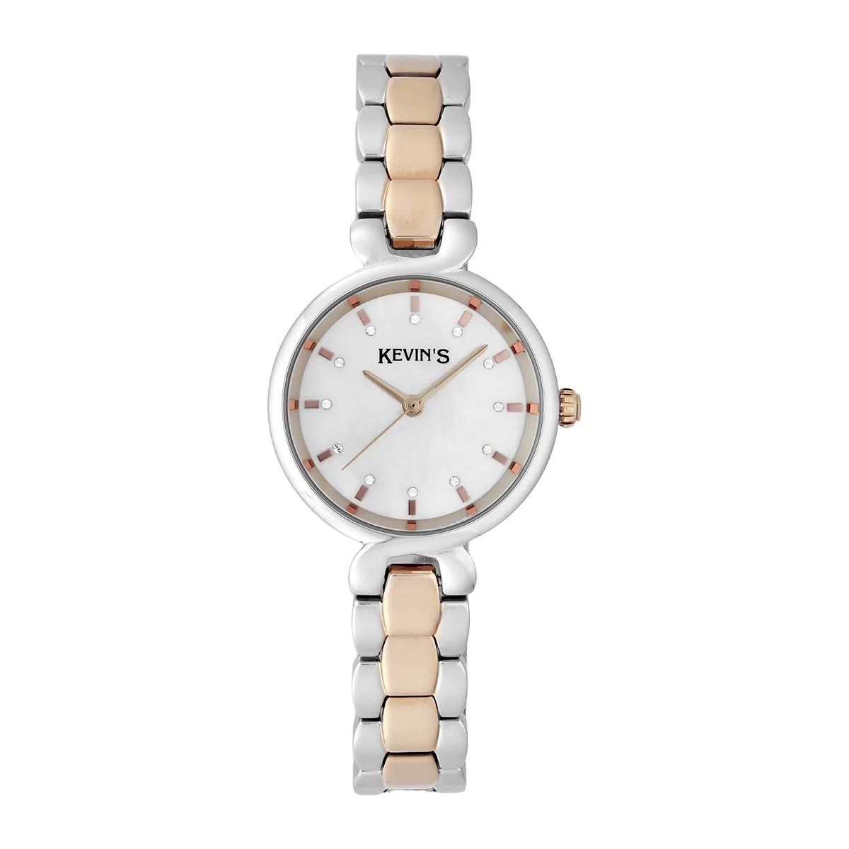 Reloj Kevins analogo, para Dama, tablero redondo colores blanco y rosa, estilo index, pulso acero colores plateado y rosa