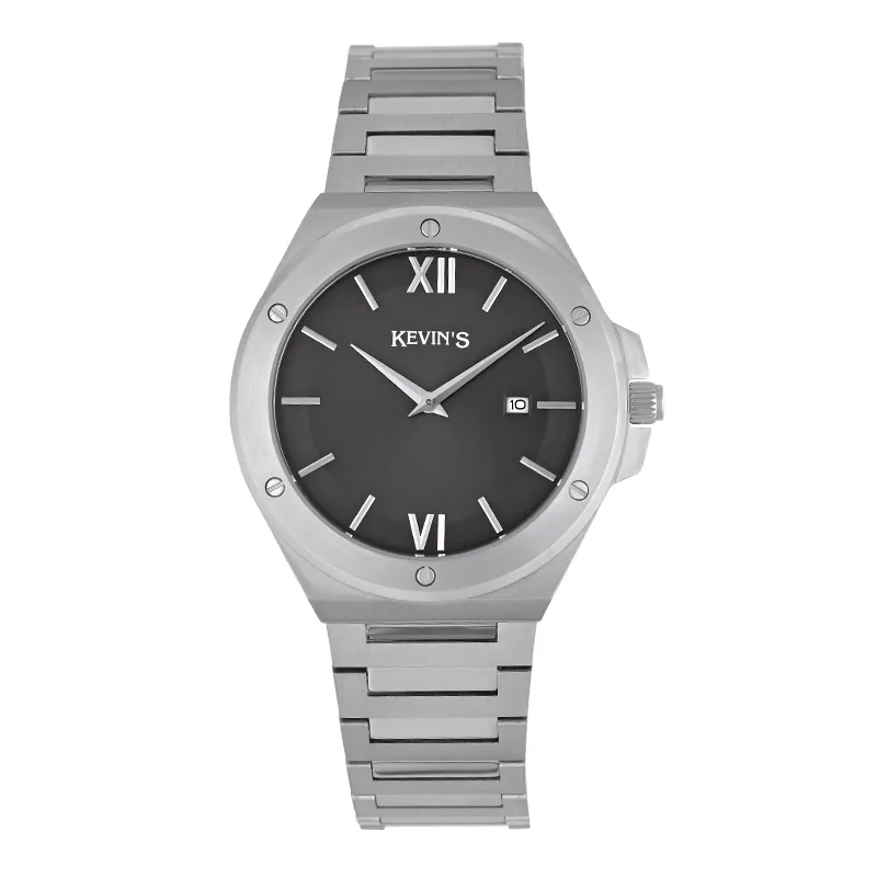 Reloj Kevins analogo, para Hombre, tablero redondo color gris, estilo index + romano, pulso acero color plateado, calendario