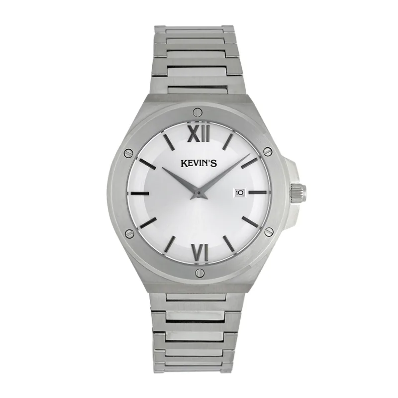 Reloj Kevins analogo, para Hombre, tablero redondo colores gris y plateado, estilo index, pulso acero color plateado