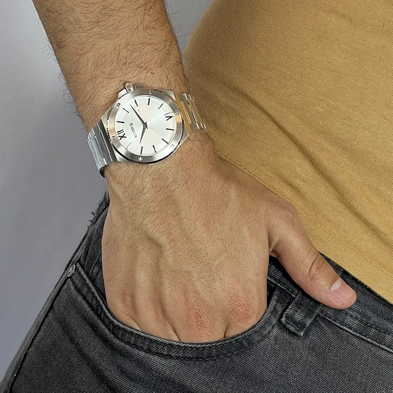 Reloj Kevins analogo, para Hombre, tablero redondo colores gris y plateado, estilo index, pulso acero color plateado
