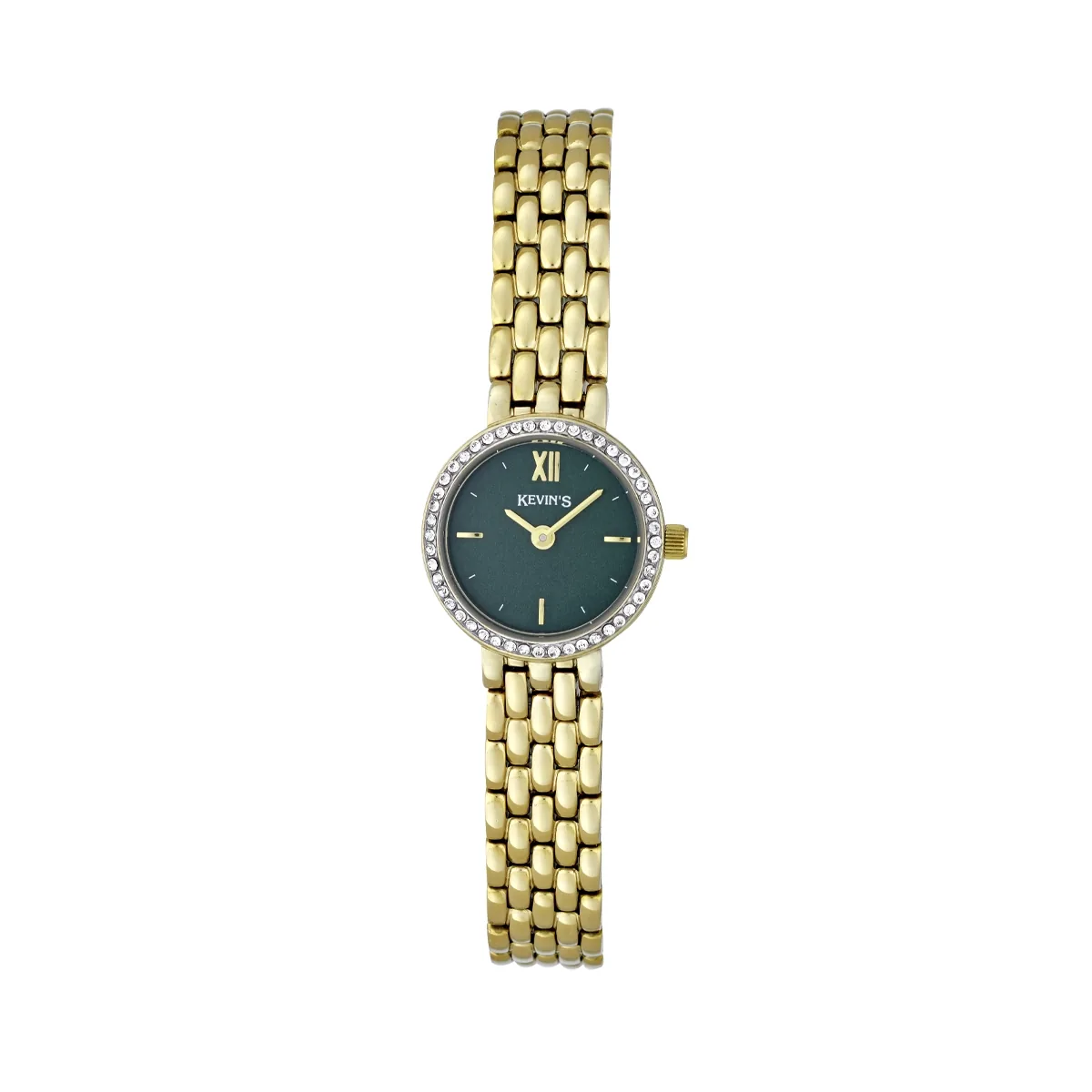 Reloj Kevins analogo, para Dama, tablero redondo color verde, estilo index + romano, pulso acero color dorado