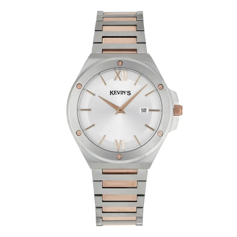 Reloj Kevins analogo, para Hombre, tablero redondo colores gris, plateado y rosa, estilo index, pulso acero color plateado