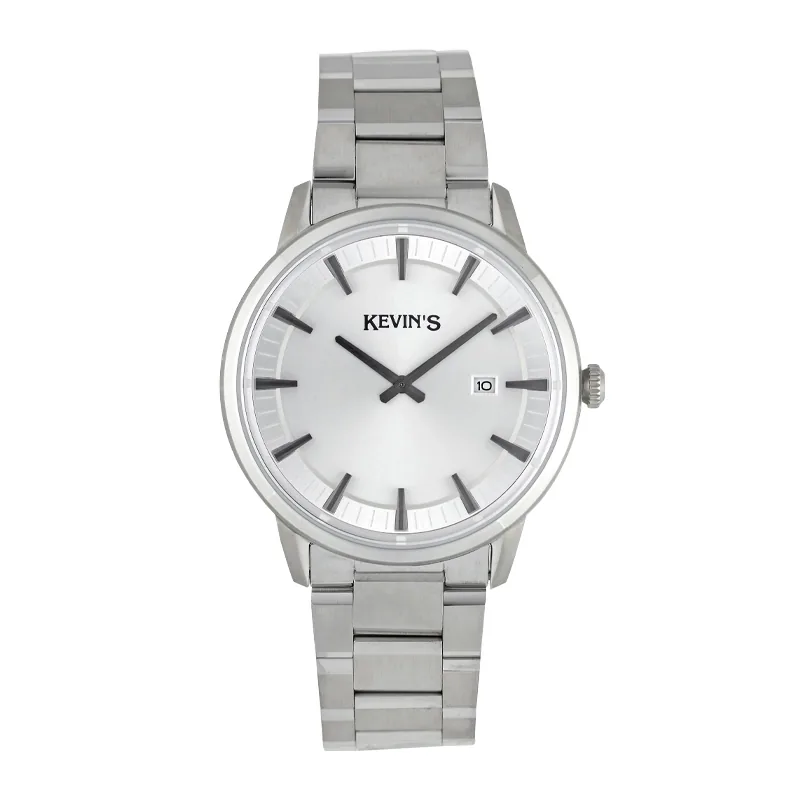 Reloj Kevins analogo, para Hombre, tablero redondo color plateado, estilo index, pulso acero color plateado, calendario
