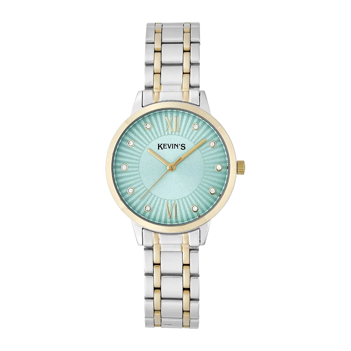 Reloj Kevins analogo, para Dama, tablero redondo colores verde y dorado, estilo puntos + romano, pulso acero colores plateado y dorado
