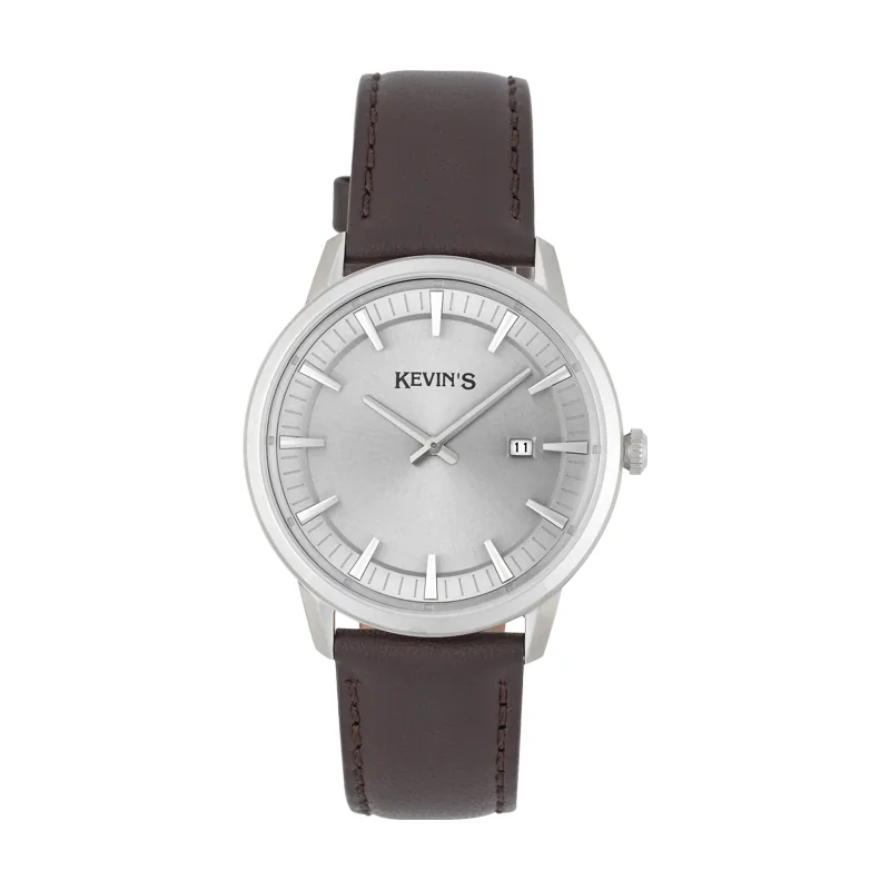 Reloj Kevins analogo, para Hombre, tablero redondo color gris, estilo index, pulso cuero color café, calendario