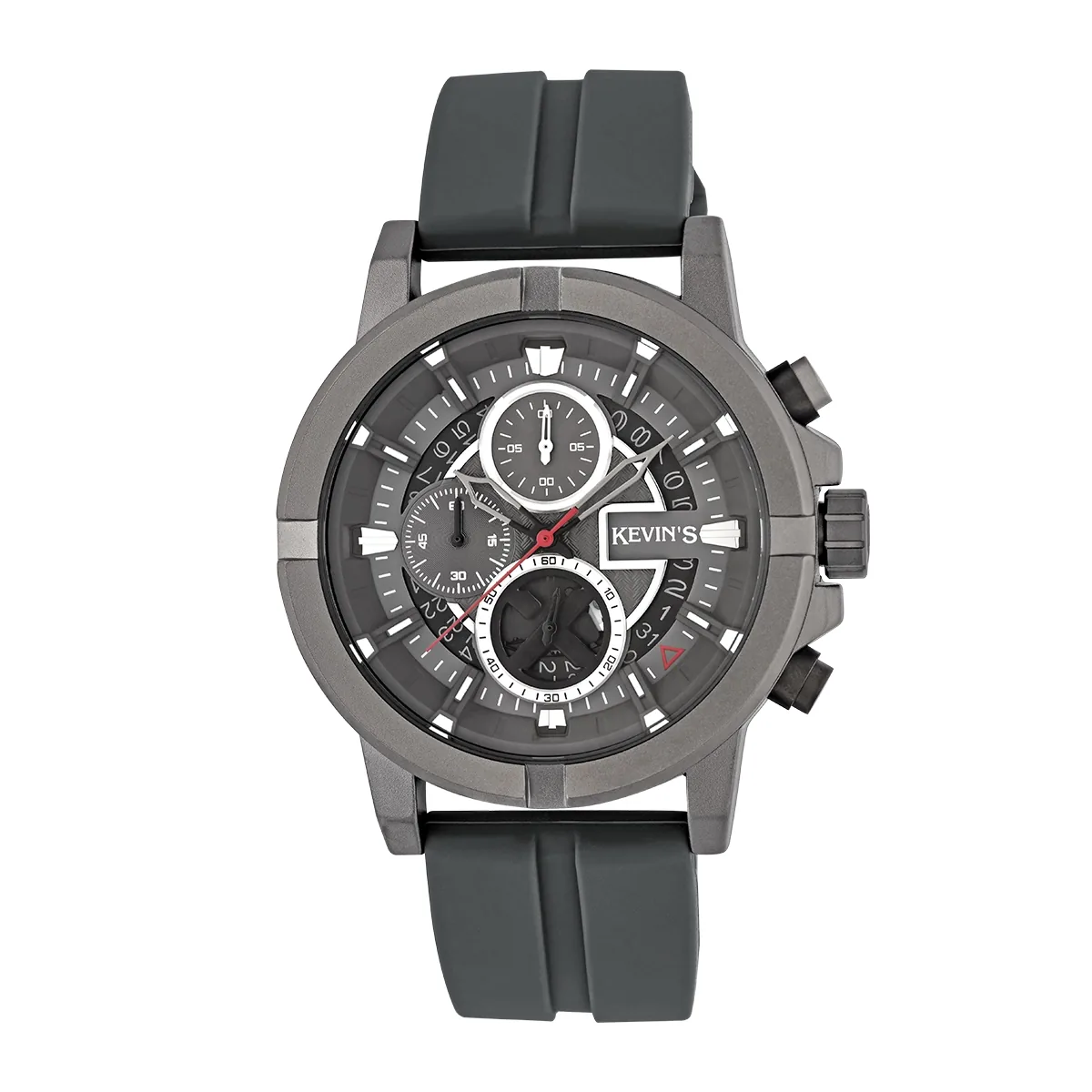 Reloj Kevins analogo, para Hombre, tablero redondo color gris, estilo index, pulso silicona color gris, calendario, cronografo