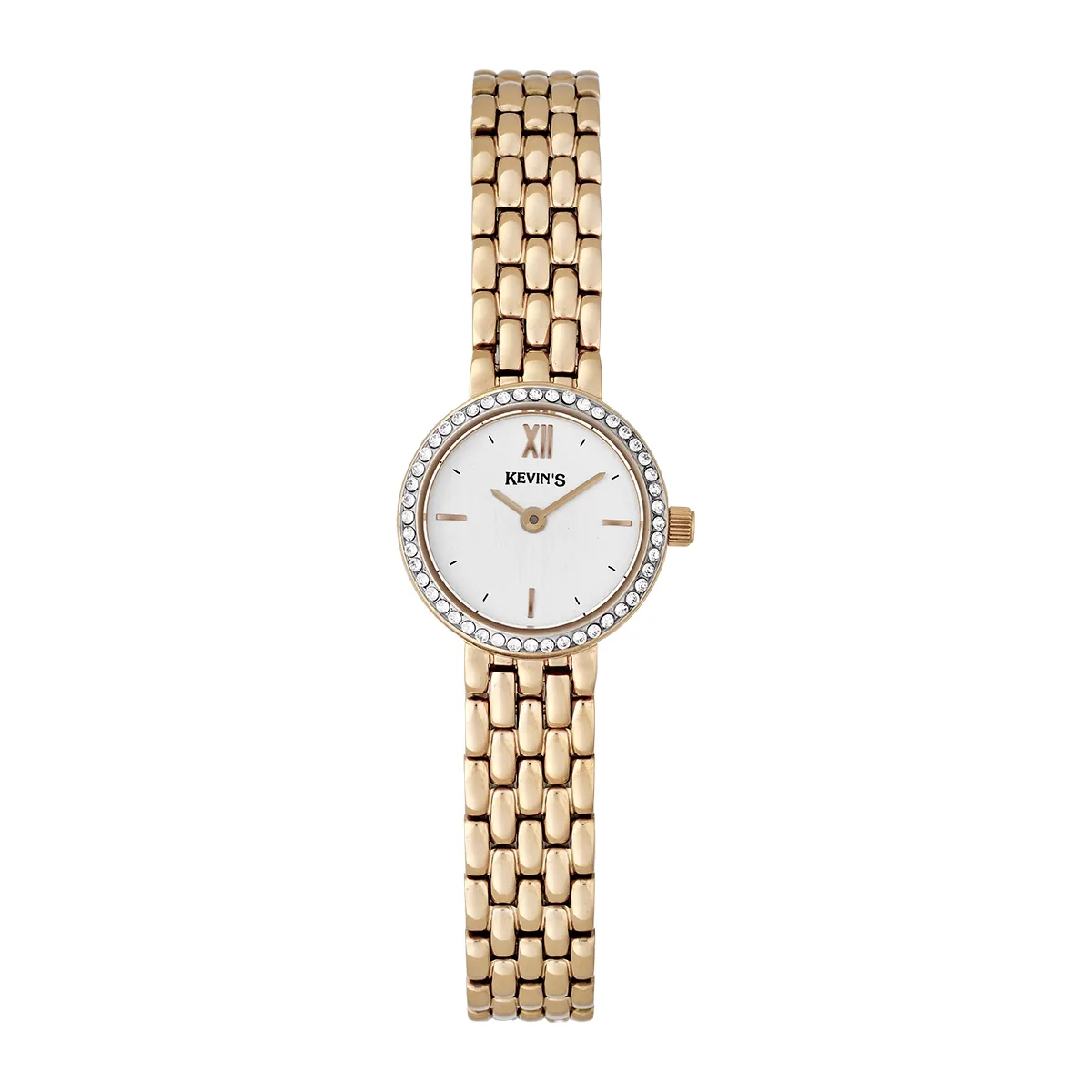 Reloj Kevins analogo, para Dama, tablero redondo color plateado, estilo index + romano, pulso acero color rosa
