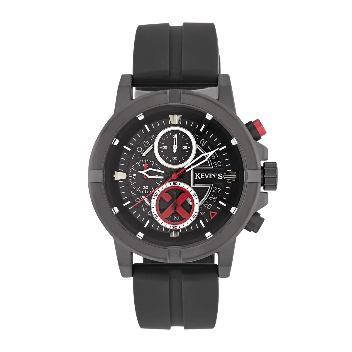 Reloj Kevins analogo, para Hombre, tablero redondo colores negro y rojo, estilo index, pulso silicona color negro, calendario, cronografo