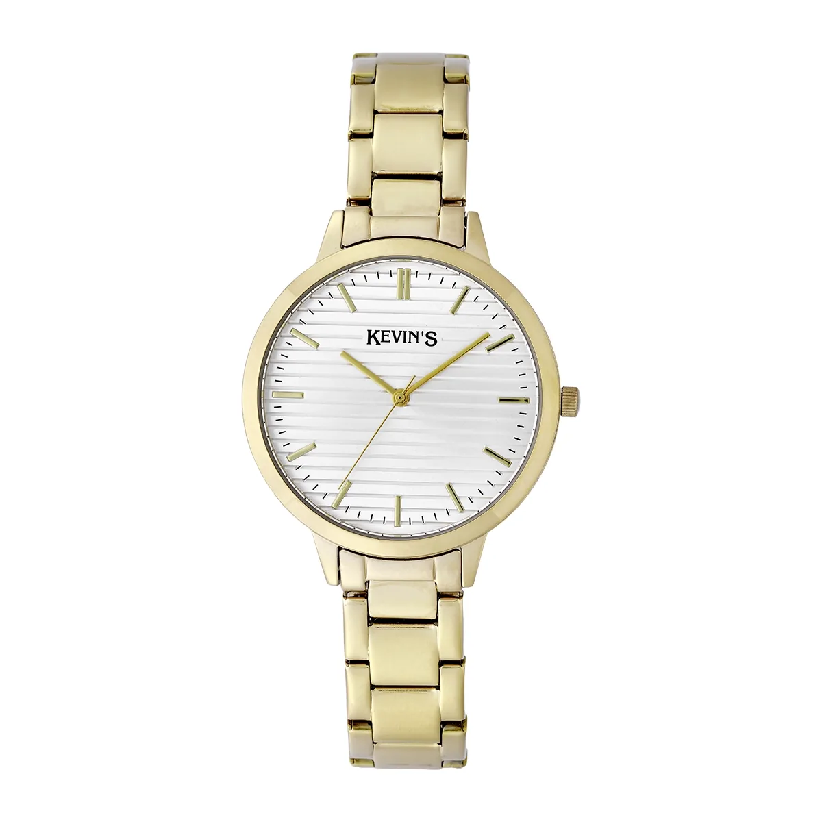 Reloj Kevins analogo, para Dama, tablero redondo colores plateado y dorado, estilo index, pulso acero color dorado