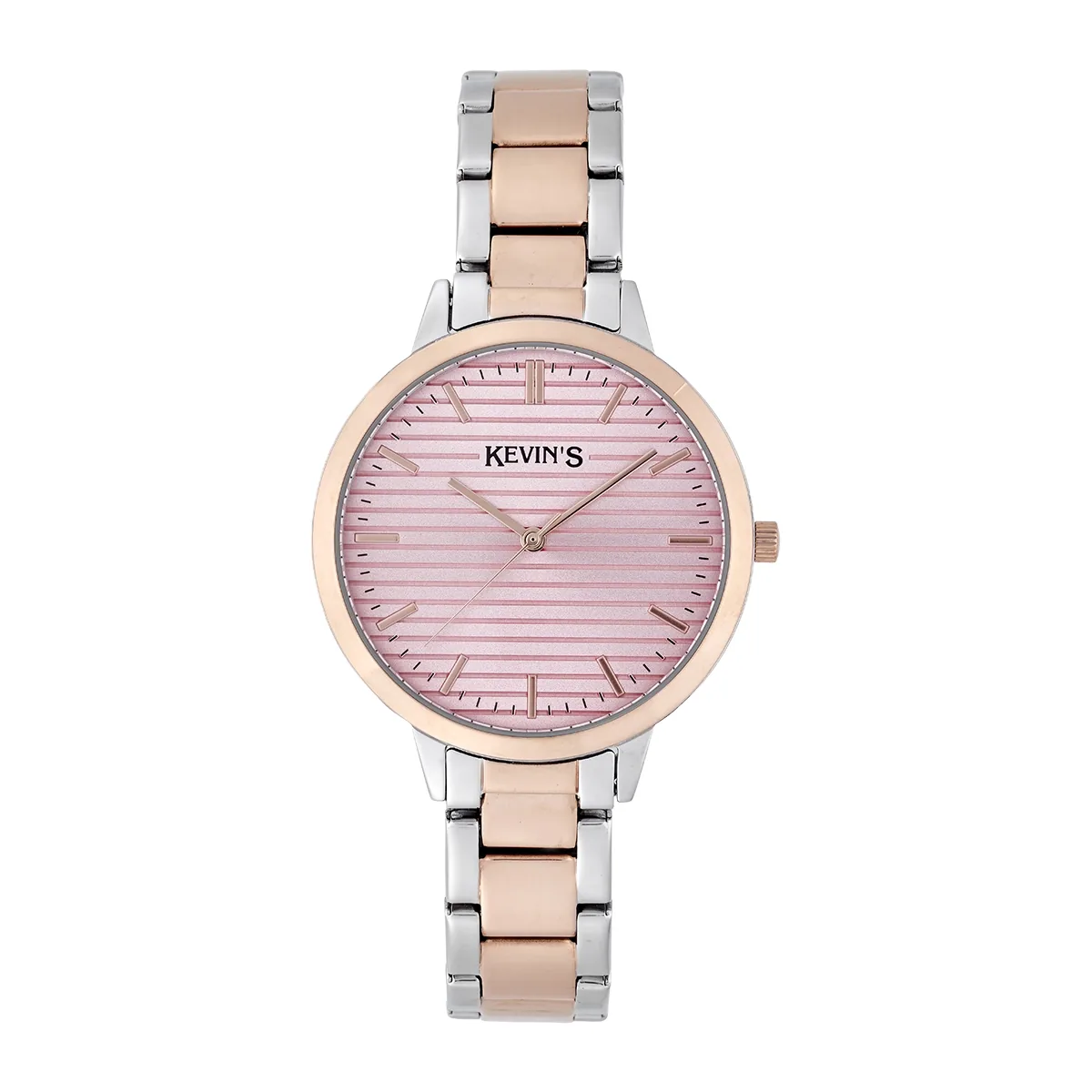 Reloj Kevins analogo, para Dama, tablero redondo color rosado, estilo index, pulso acero colores plateado y rosa