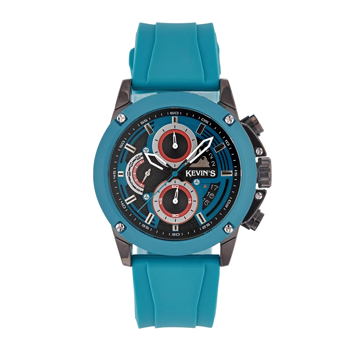 Reloj Kevins analogo, para Hombre, tablero redondo colores negro y plateado, estilo index, pulso silicona color verde, calendario, cronografo