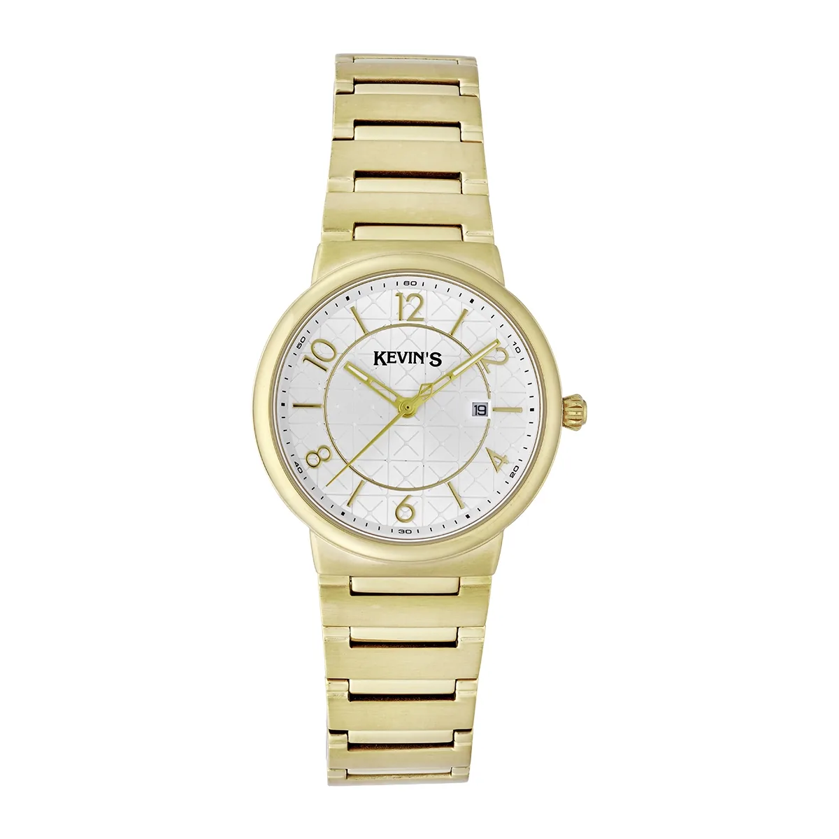Reloj Kevins analogo, para Dama, tablero redondo color plateado, estilo index + arabigo, pulso acero color dorado, calendario
