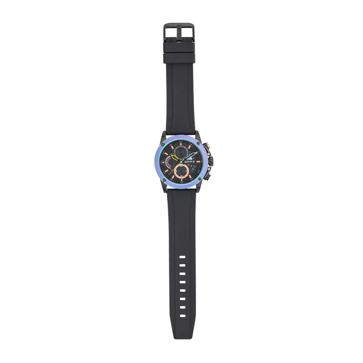 Reloj Kevins analogo, para Hombre, tablero redondo colores negro y rosa, estilo index, pulso silicona color negro, calendario, cronografo