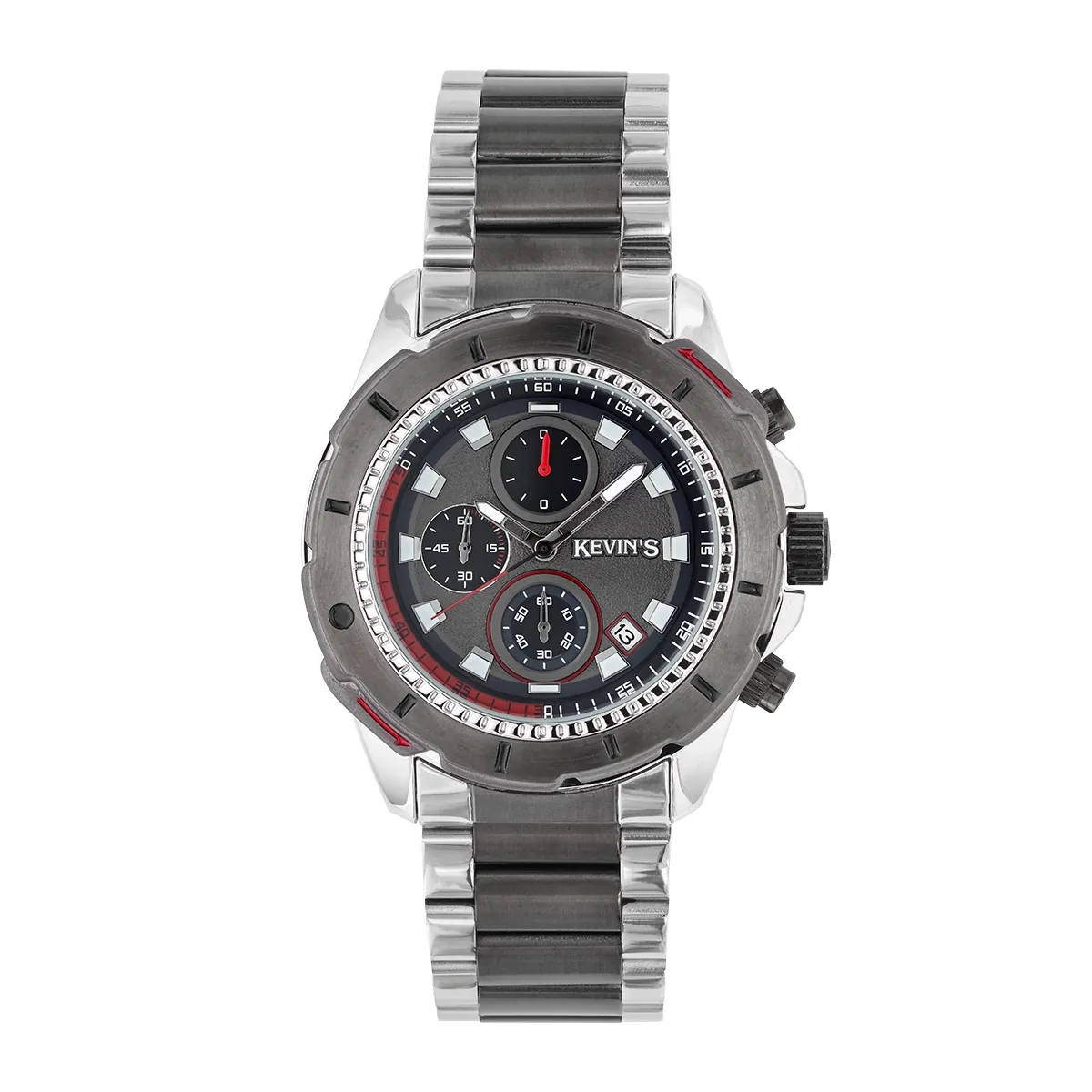 Reloj Kevins analogo, para Hombre, tablero redondo colores negro y rojo, estilo puntos, pulso metalico colores plateado y negro, calendario, cronografo