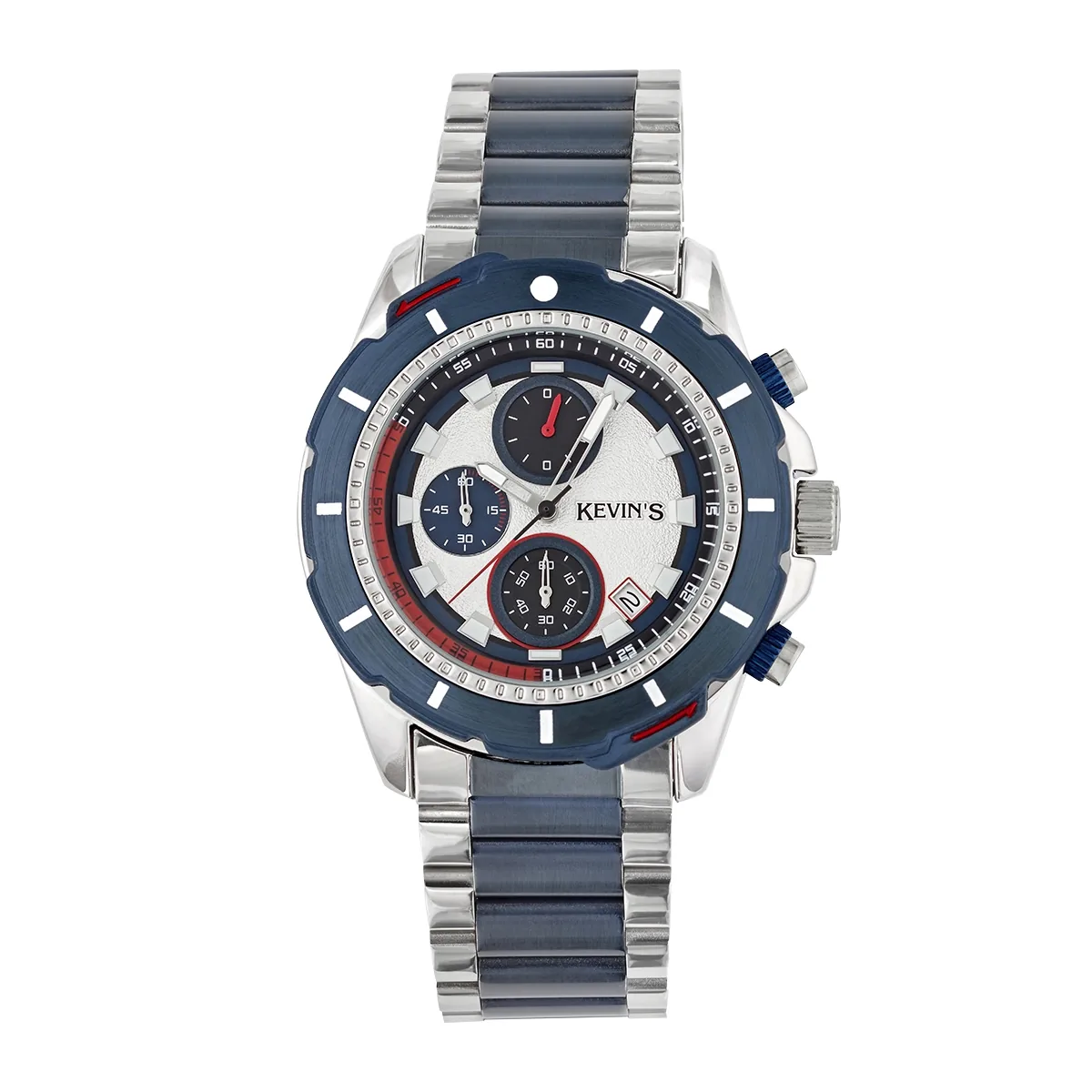 Reloj Kevins analogo, para Hombre, tablero redondo colores plateado y azul, estilo puntos, pulso metalico colores plateado y azul, calendario, cronografo