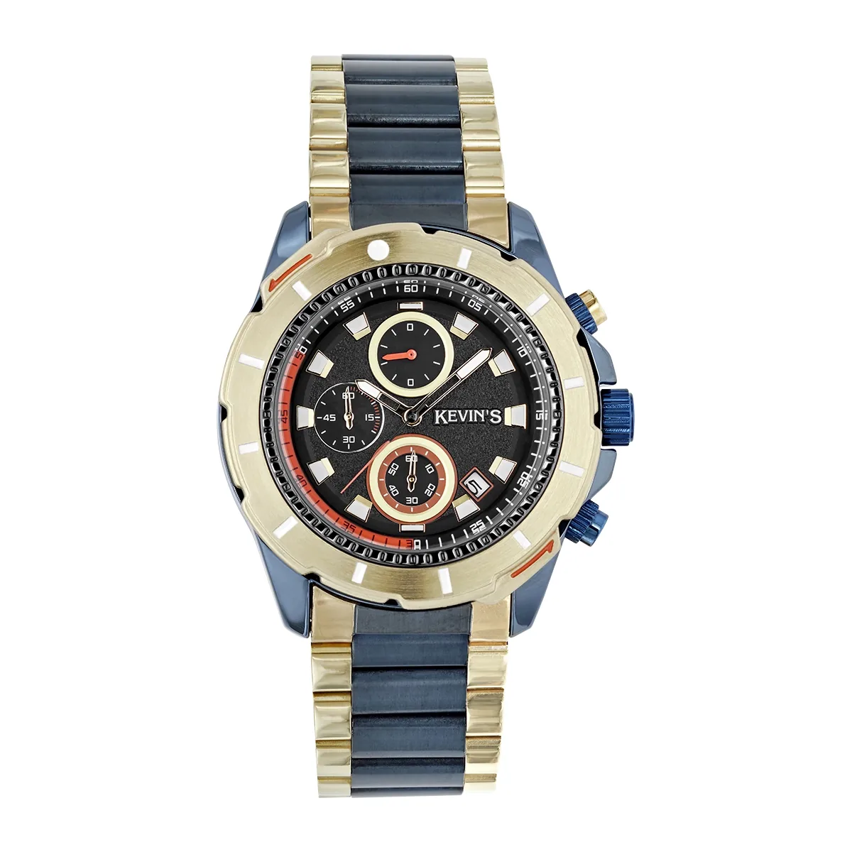 Reloj Kevins analogo, para Hombre, tablero redondo color azul, estilo puntos, pulso metalico colores dorado y azul, calendario, cronografo