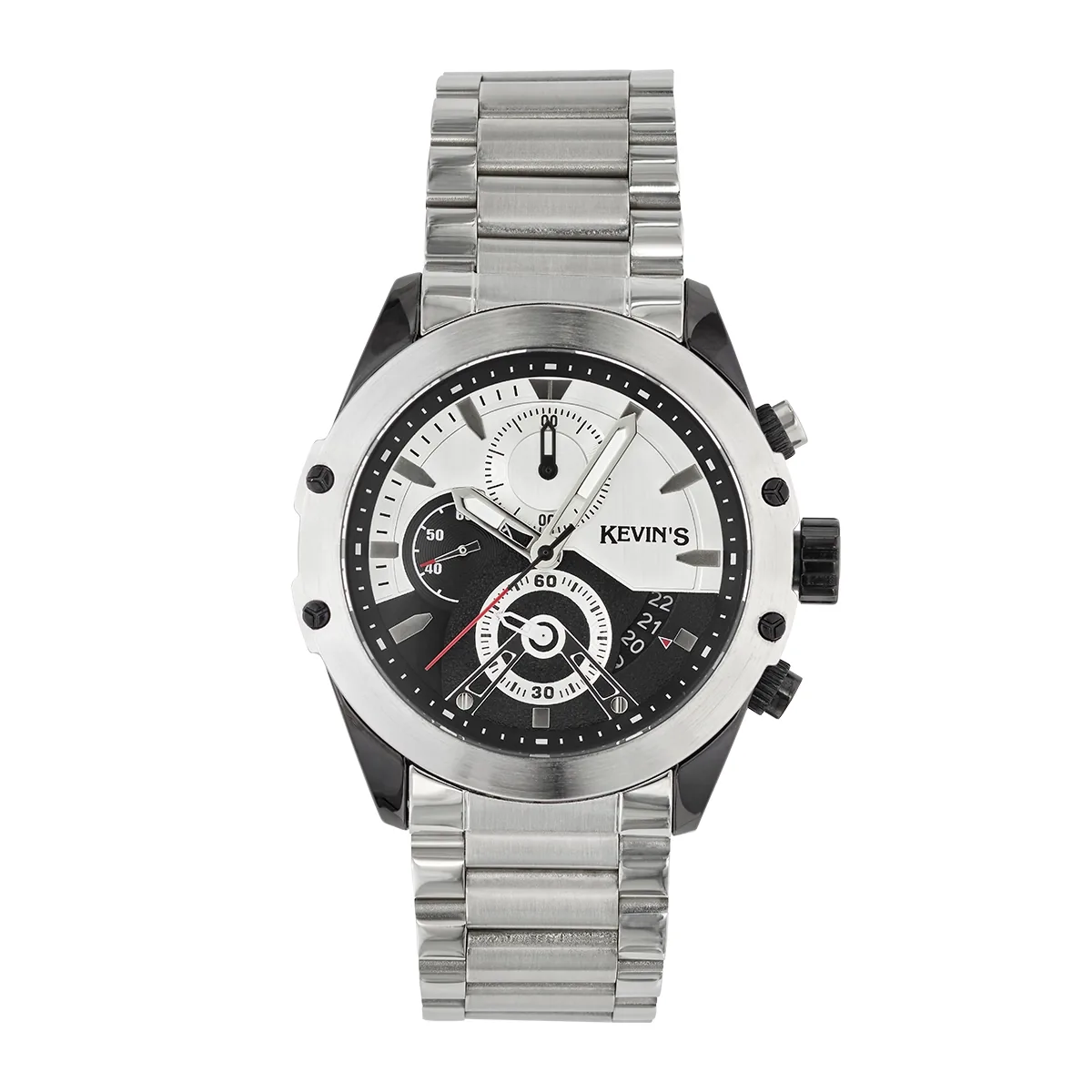 Reloj Kevins analogo, para Hombre, tablero redondo colores plateado y negro, estilo index, pulso metalico color plateado, calendario, cronografo