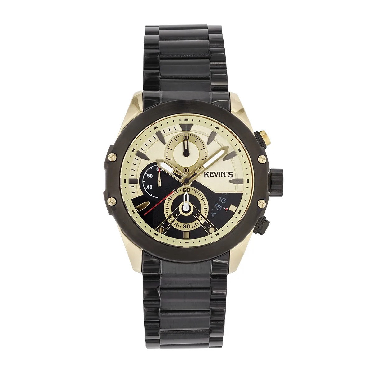 Reloj Kevins analogo, para Hombre, tablero redondo colores dorado y negro, estilo index, pulso metalico color negro, calendario, cronografo