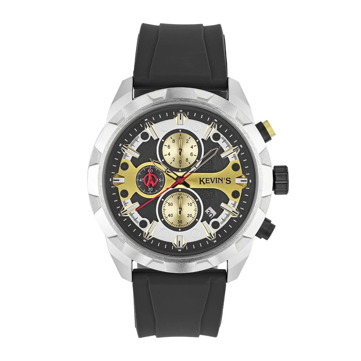 Reloj Kevins analogo, para Hombre, tablero redondo colores dorado y negro, estilo index + puntos, pulso silicona color negro, calendario, cronografo